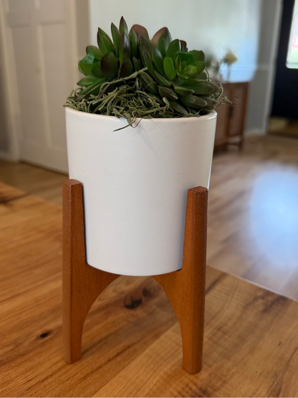 White Ceramic Planter with Wood Stand and Artificial Succulents - Home Accents